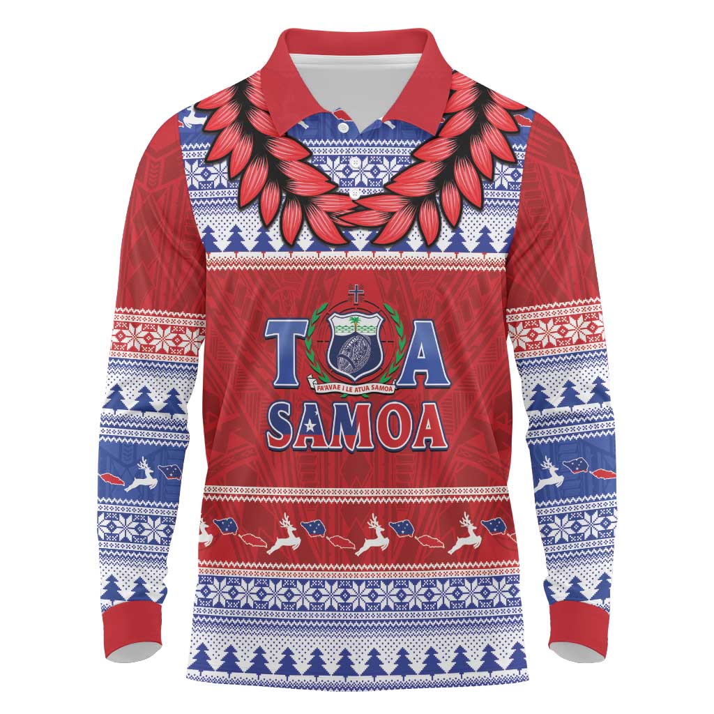 Personalised Toa Samoa Rugby Christmas Long Sleeve Polo Shirt Ula Fala Samoan Pattern Red - Polynesian Pride