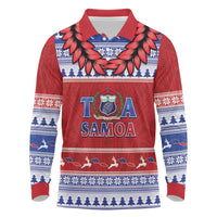 Personalised Toa Samoa Rugby Christmas Long Sleeve Polo Shirt Ula Fala Samoan Pattern Red - Polynesian Pride