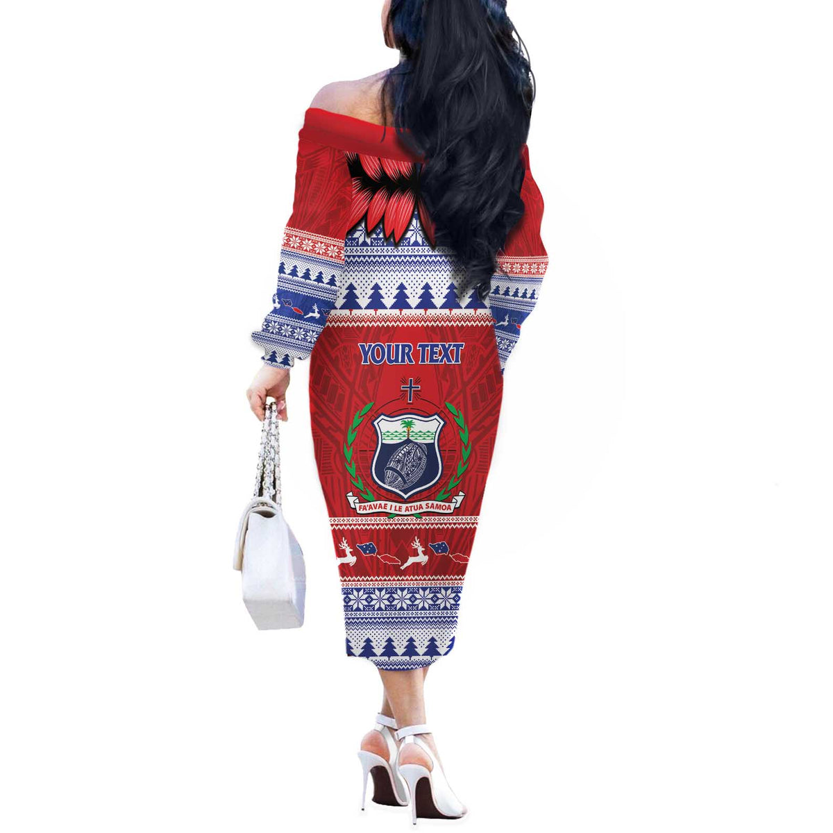 Personalised Toa Samoa Rugby Christmas Off The Shoulder Long Sleeve Dress Ula Fala Samoan Pattern Red - Polynesian Pride