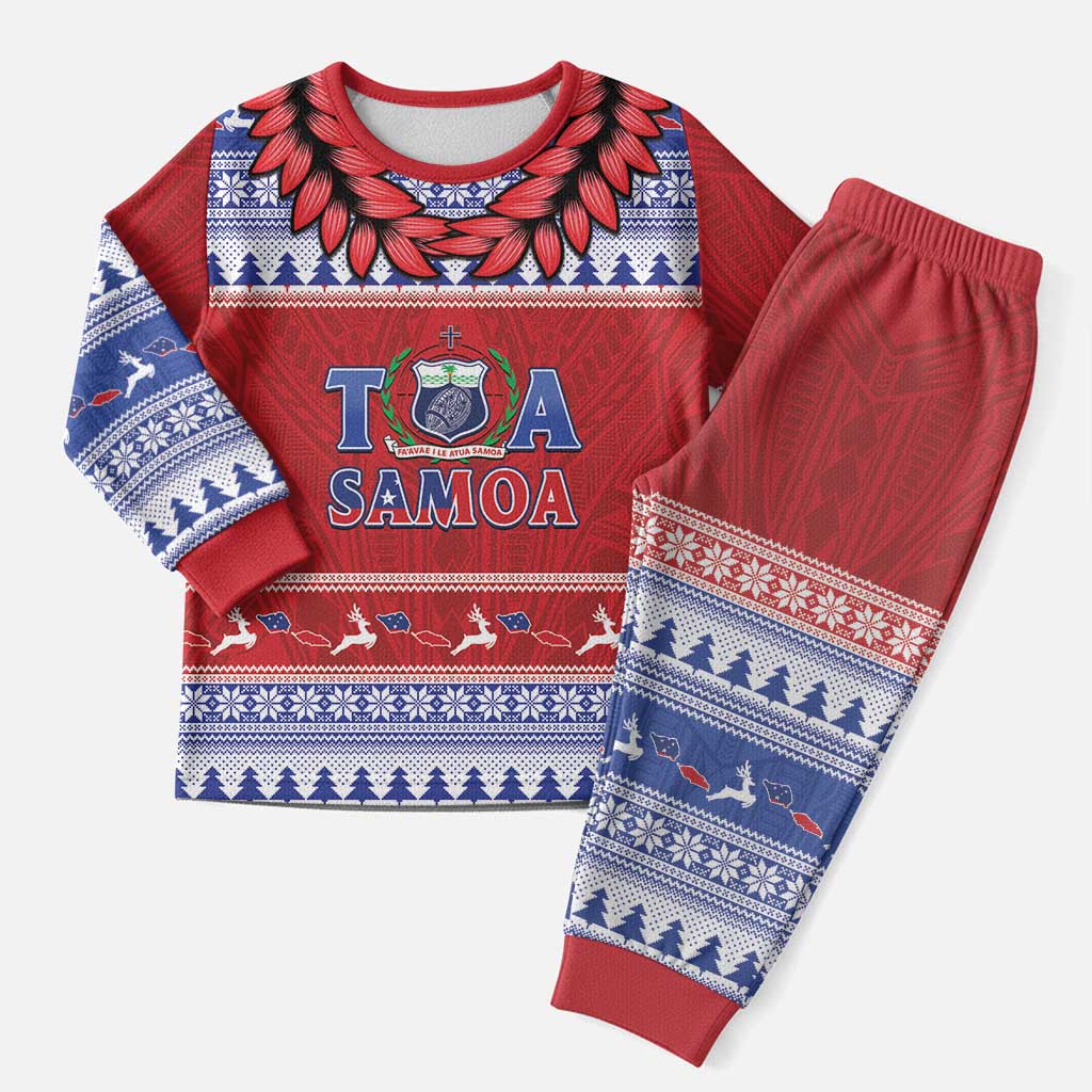 Personalised Toa Samoa Rugby Christmas Pajama Set Ula Fala Samoan Pattern Red - Polynesian Pride