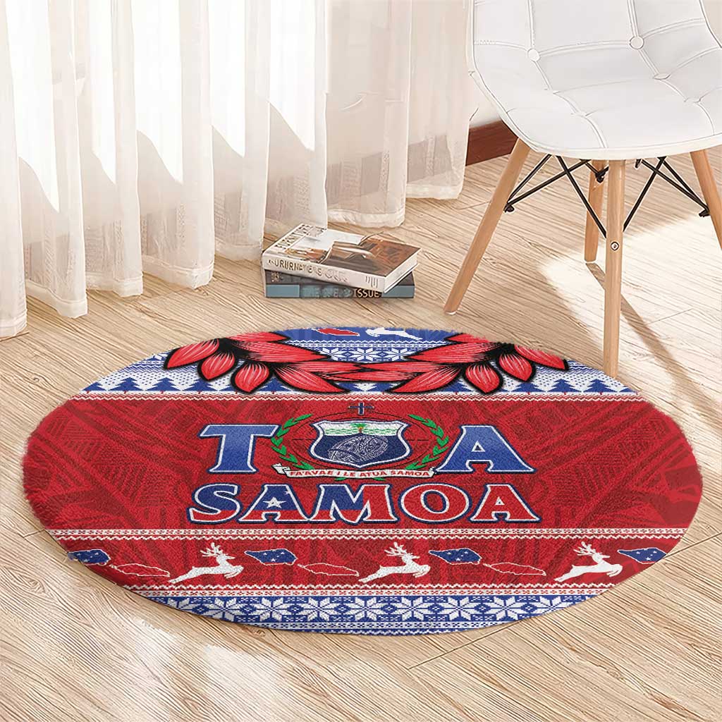 Toa Samoa Rugby Christmas Round Carpet Ula Fala Samoan Pattern Red - Polynesian Pride