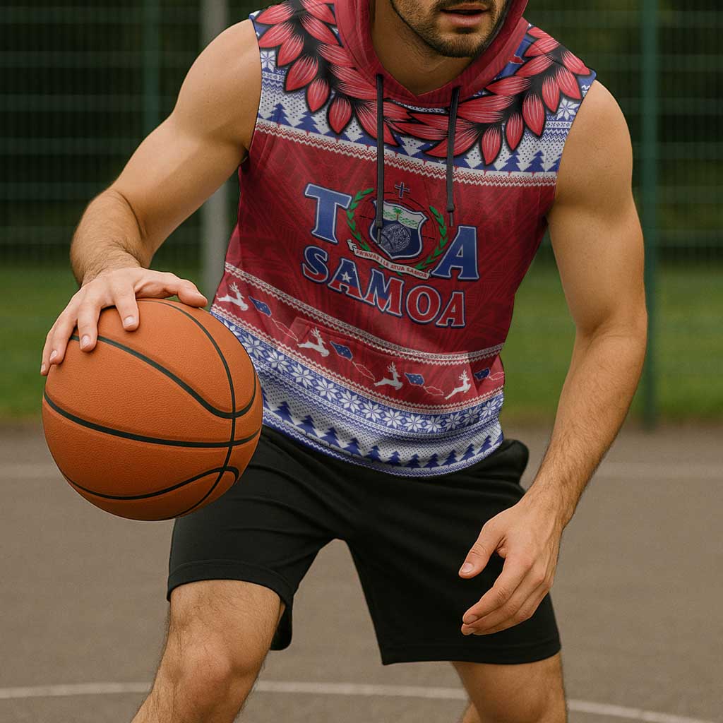 Personalised Toa Samoa Rugby Christmas Sleeveless Hoodie Ula Fala Samoan Pattern Red - Polynesian Pride