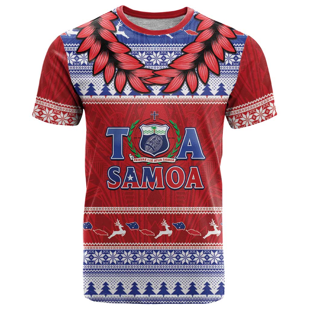 Personalised Toa Samoa Rugby Christmas T Shirt Ula Fala Samoan Pattern Red - Polynesian Pride