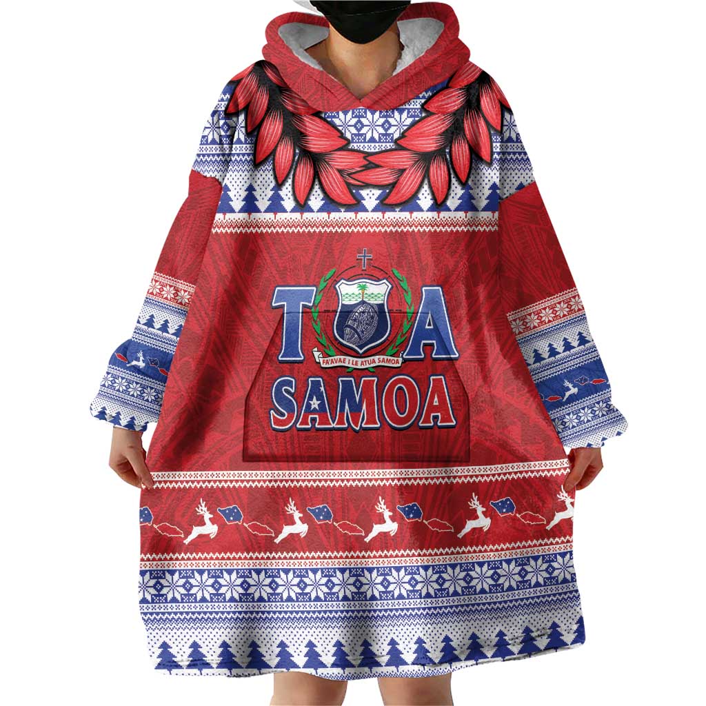 Personalised Toa Samoa Rugby Christmas Wearable Blanket Hoodie Ula Fala Samoan Pattern Red - Polynesian Pride