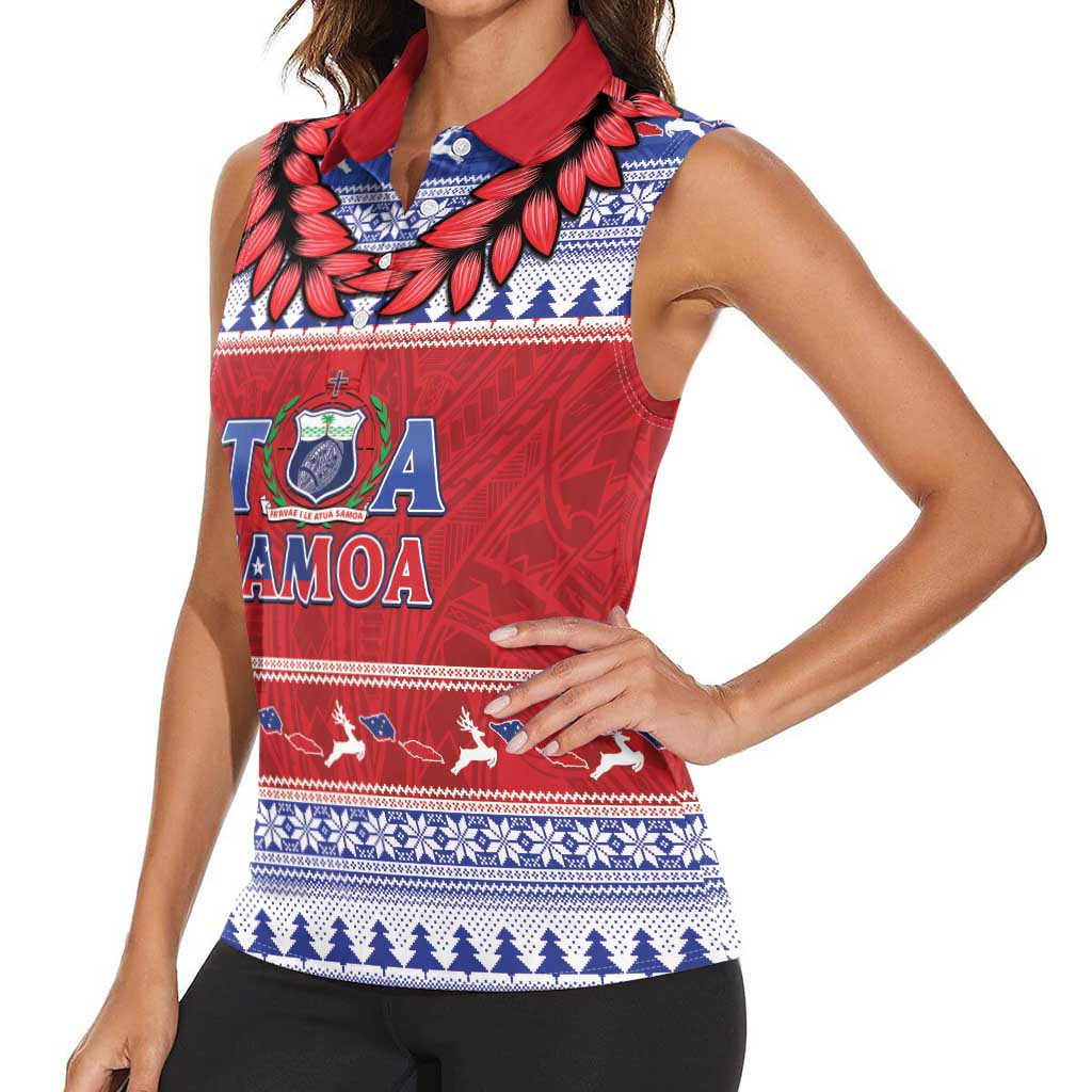 Personalised Toa Samoa Rugby Christmas Women Sleeveless Polo Shirt Ula Fala Samoan Pattern Red - Polynesian Pride