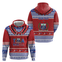Personalised Toa Samoa Rugby Christmas Zip Hoodie Ula Fala Samoan Pattern Red - Polynesian Pride