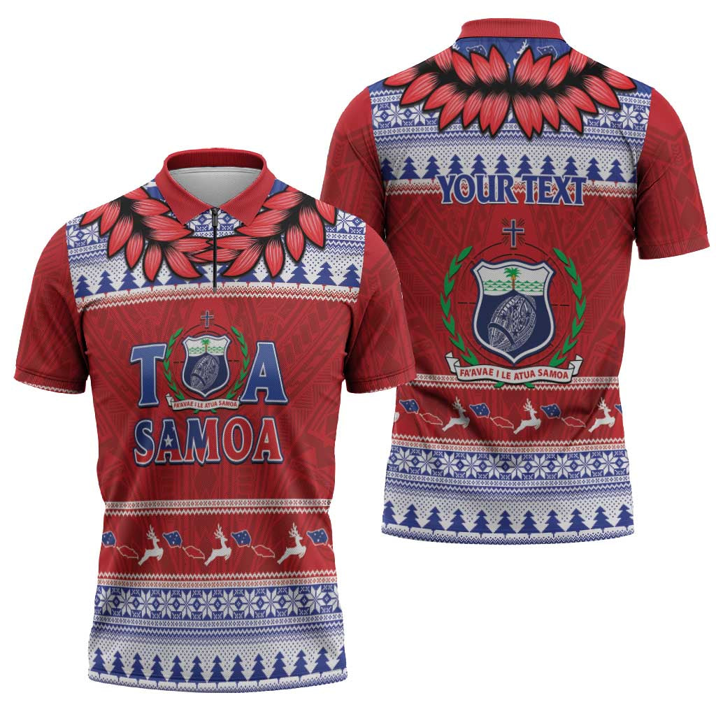 Personalised Toa Samoa Rugby Christmas Zipper Polo Shirt Ula Fala Samoan Pattern Red - Polynesian Pride