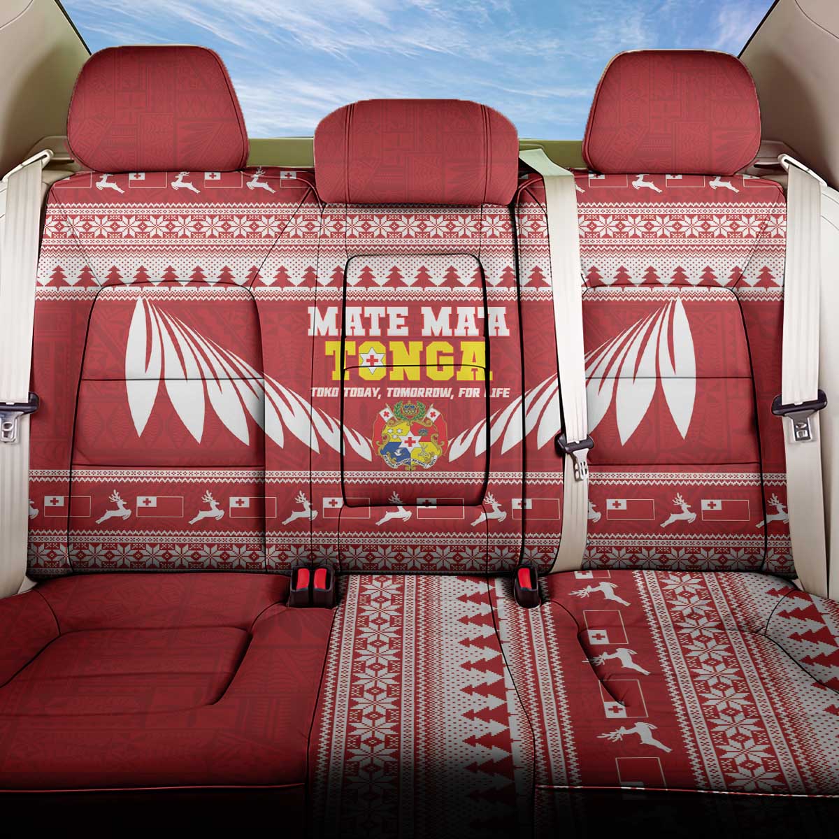 Tonga Rugby Christmas Back Car Seat Cover Mate Maa Tonga Ngatu Pattern - Polynesian Pride