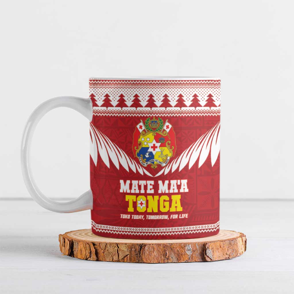 Personalised Tonga Rugby Christmas Ceramic Mug Mate Maa Tonga Ngatu Pattern - Polynesian Pride