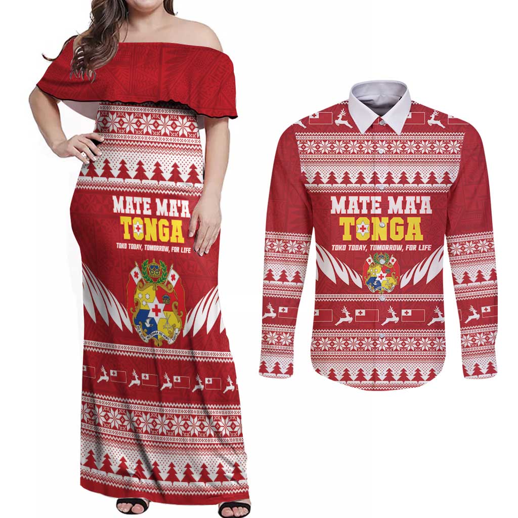 Personalised Tonga Rugby Christmas Couples Matching Off Shoulder Maxi Dress and Long Sleeve Button Shirt Mate Maa Tonga Ngatu Pattern - Polynesian Pride