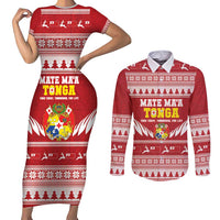 Personalised Tonga Rugby Christmas Couples Matching Short Sleeve Bodycon Dress and Long Sleeve Button Shirt Mate Maa Tonga Ngatu Pattern - Polynesian Pride