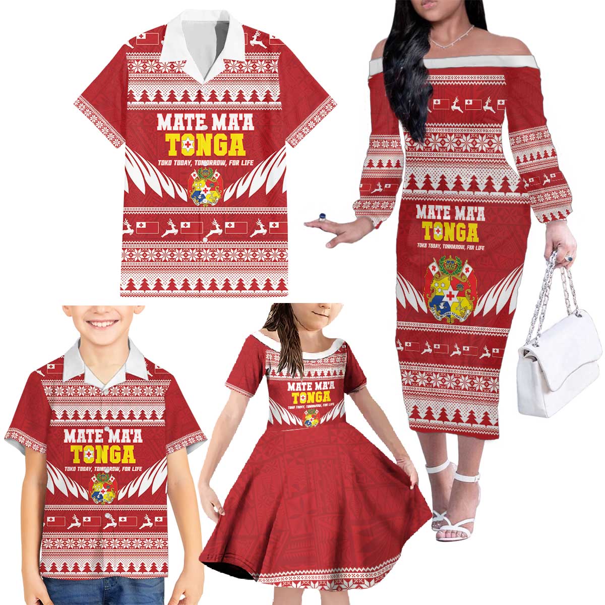 Personalised Tonga Rugby Christmas Family Matching Off The Shoulder Long Sleeve Dress and Hawaiian Shirt Mate Maa Tonga Ngatu Pattern - Polynesian Pride