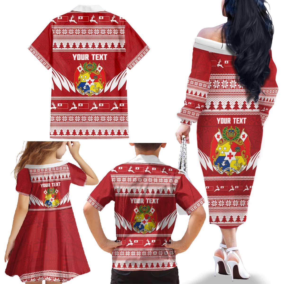 Personalised Tonga Rugby Christmas Family Matching Off The Shoulder Long Sleeve Dress and Hawaiian Shirt Mate Maa Tonga Ngatu Pattern - Polynesian Pride