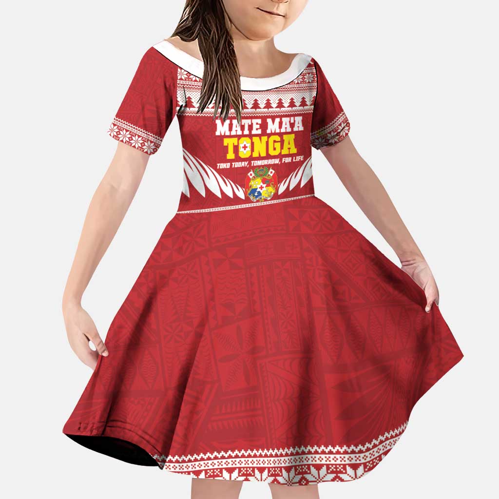 Personalised Tonga Rugby Christmas Family Matching Off Shoulder Short Dress and Hawaiian Shirt Mate Maa Tonga Ngatu Pattern LT14 Daughter's Dress Red - Polynesian Pride