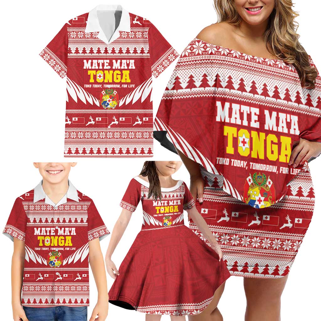 Personalised Tonga Rugby Christmas Family Matching Off Shoulder Short Dress and Hawaiian Shirt Mate Maa Tonga Ngatu Pattern LT14 - Polynesian Pride