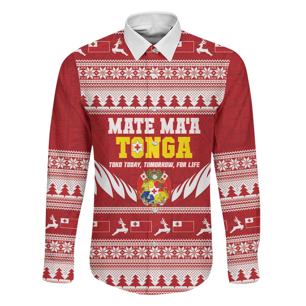 Personalised Tonga Rugby Christmas Family Matching Off Shoulder Short Dress and Hawaiian Shirt Mate Maa Tonga Ngatu Pattern LT14 Dad's Shirt - Long Sleeve Red - Polynesian Pride