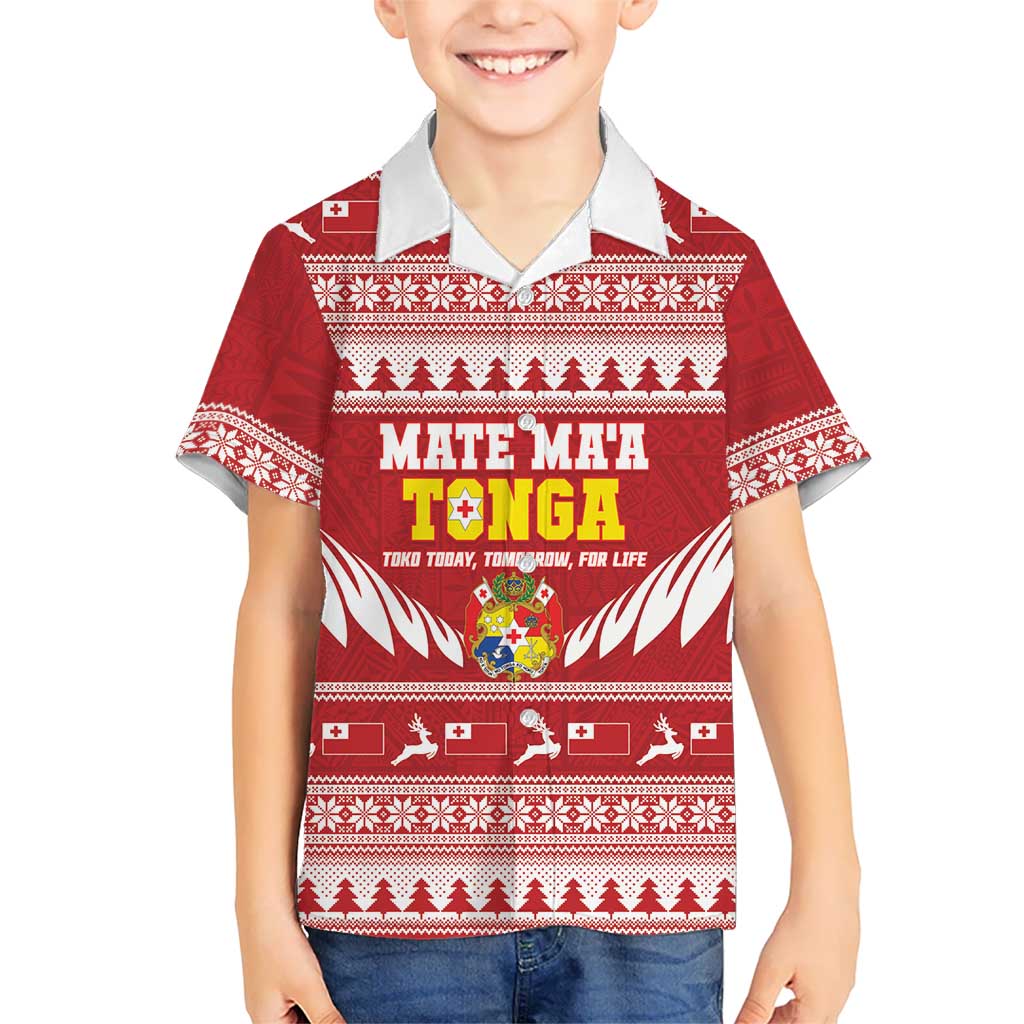 Personalised Tonga Rugby Christmas Family Matching Off Shoulder Short Dress and Hawaiian Shirt Mate Maa Tonga Ngatu Pattern LT14 Son's Shirt Red - Polynesian Pride