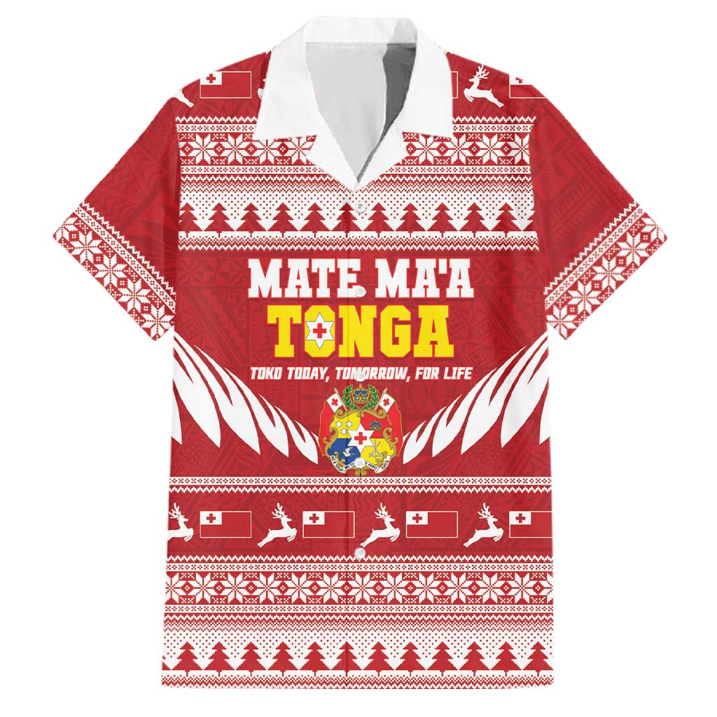 Personalised Tonga Rugby Christmas Family Matching Tank Maxi Dress and Hawaiian Shirt Mate Maa Tonga Ngatu Pattern LT14 Dad's Shirt - Short Sleeve Red - Polynesian Pride
