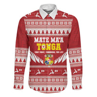 Personalised Tonga Rugby Christmas Family Matching Tank Maxi Dress and Hawaiian Shirt Mate Maa Tonga Ngatu Pattern LT14 Dad's Shirt - Long Sleeve Red - Polynesian Pride