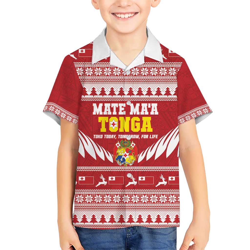 Personalised Tonga Rugby Christmas Kid Hawaiian Shirt Mate Maa Tonga Ngatu Pattern - Polynesian Pride
