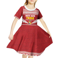 Personalised Tonga Rugby Christmas Kid Short Sleeve Dress Mate Maa Tonga Ngatu Pattern - Polynesian Pride