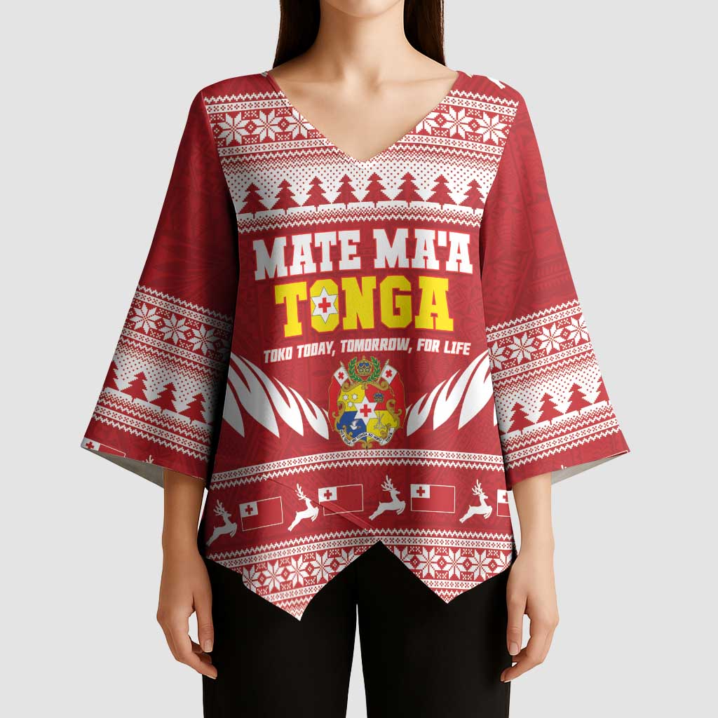 Personalised Tonga Rugby Christmas Kimono Sleeve Blouse Mate Maa Tonga Ngatu Pattern - Polynesian Pride