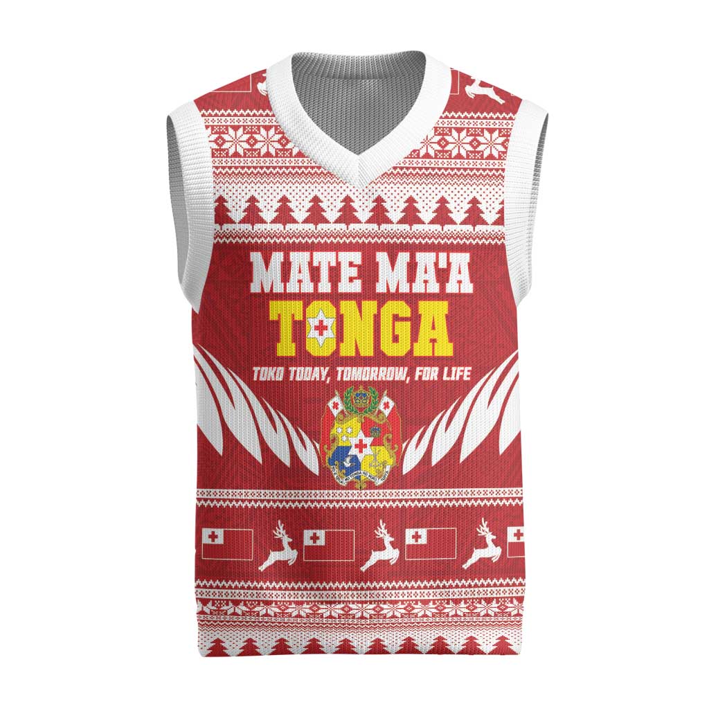 Personalised Tonga Rugby Christmas Knitted V-Neck Vest Mate Maa Tonga Ngatu Pattern - Polynesian Pride