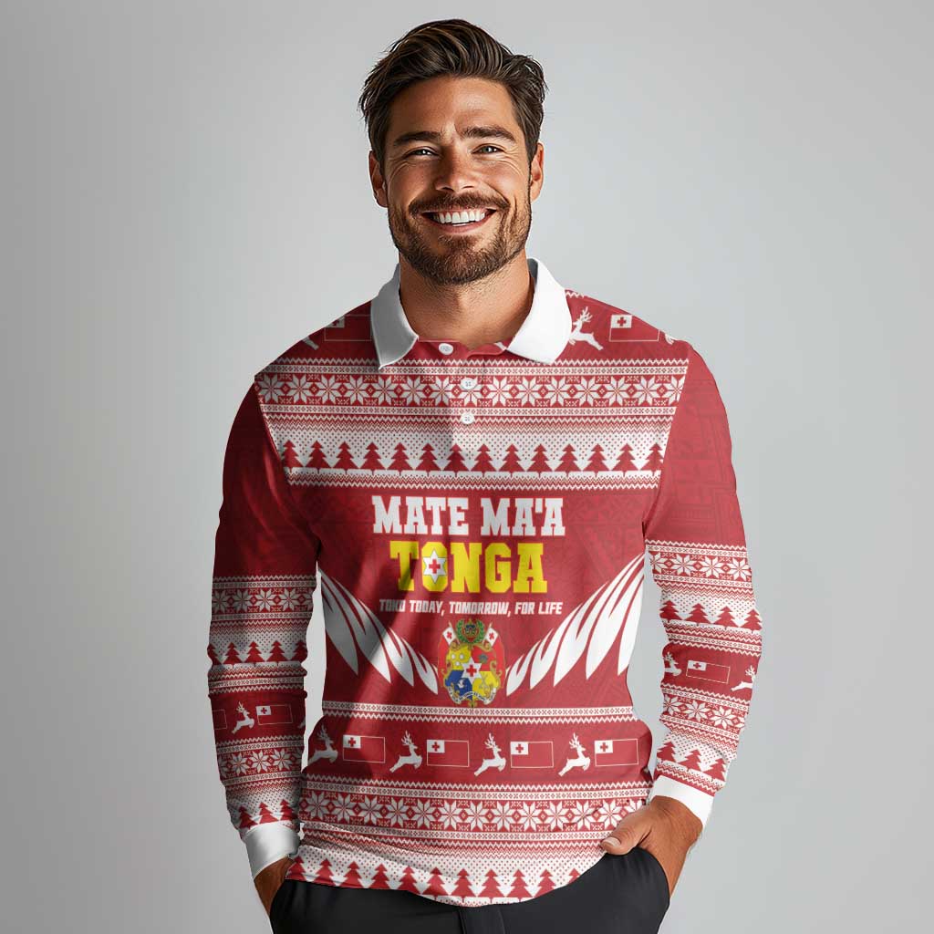 Personalised Tonga Rugby Christmas Long Sleeve Polo Shirt Mate Maa Tonga Ngatu Pattern - Polynesian Pride
