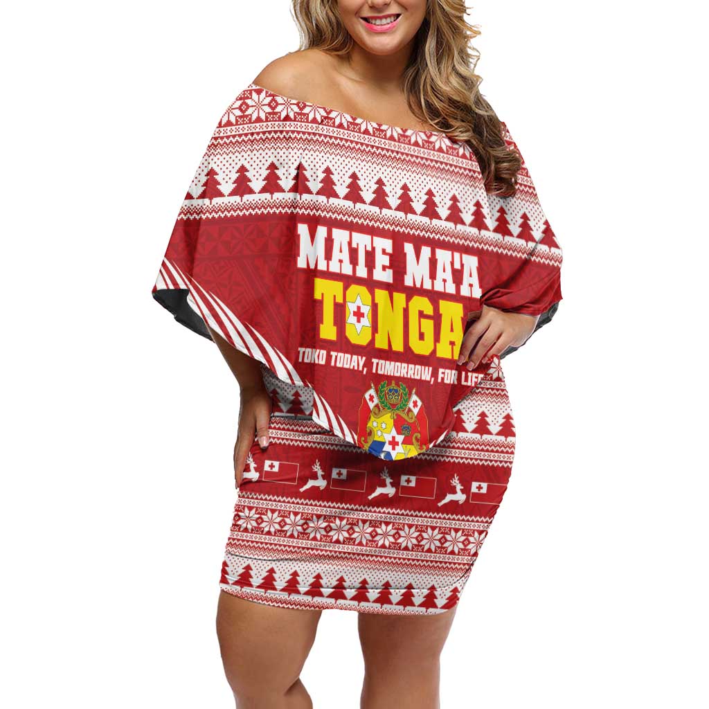 Personalised Tonga Rugby Christmas Off Shoulder Short Dress Mate Maa Tonga Ngatu Pattern - Polynesian Pride