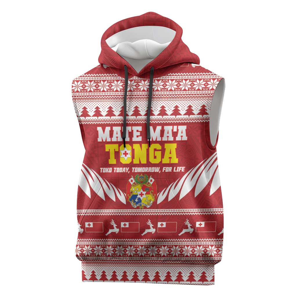 Personalised Tonga Rugby Christmas Sleeveless Hoodie Mate Maa Tonga Ngatu Pattern - Polynesian Pride
