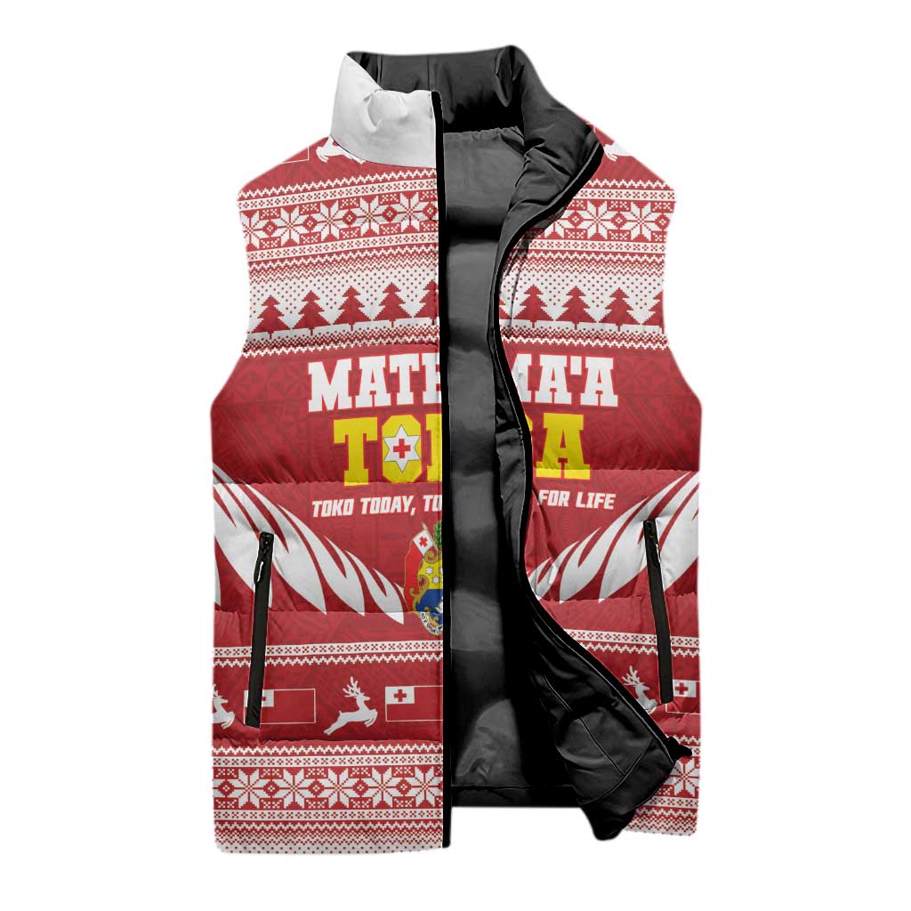 Personalised Tonga Rugby Christmas Sleeveless Puffer Jacket Mate Maa Tonga Ngatu Pattern - Polynesian Pride