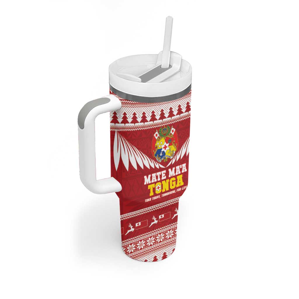 Personalised Tonga Rugby Christmas Tumbler With Handle Mate Maa Tonga Ngatu Pattern - Polynesian Pride