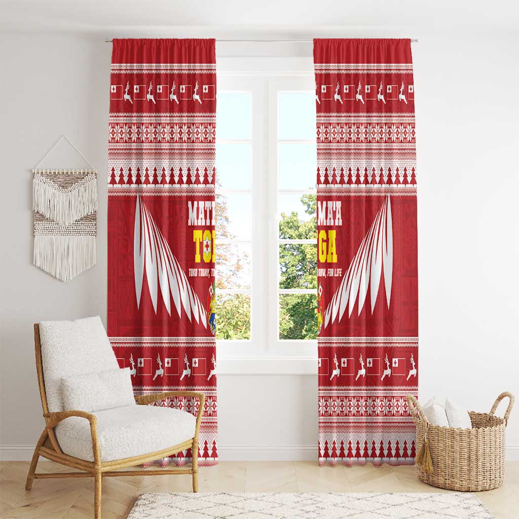 Tonga Rugby Christmas Window Curtain Mate Maa Tonga Ngatu Pattern - Polynesian Pride