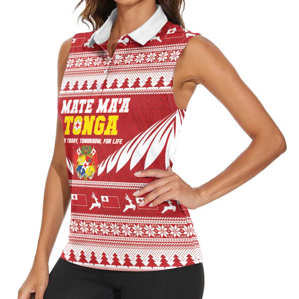 Personalised Tonga Rugby Christmas Women Sleeveless Polo Shirt Mate Maa Tonga Ngatu Pattern - Polynesian Pride