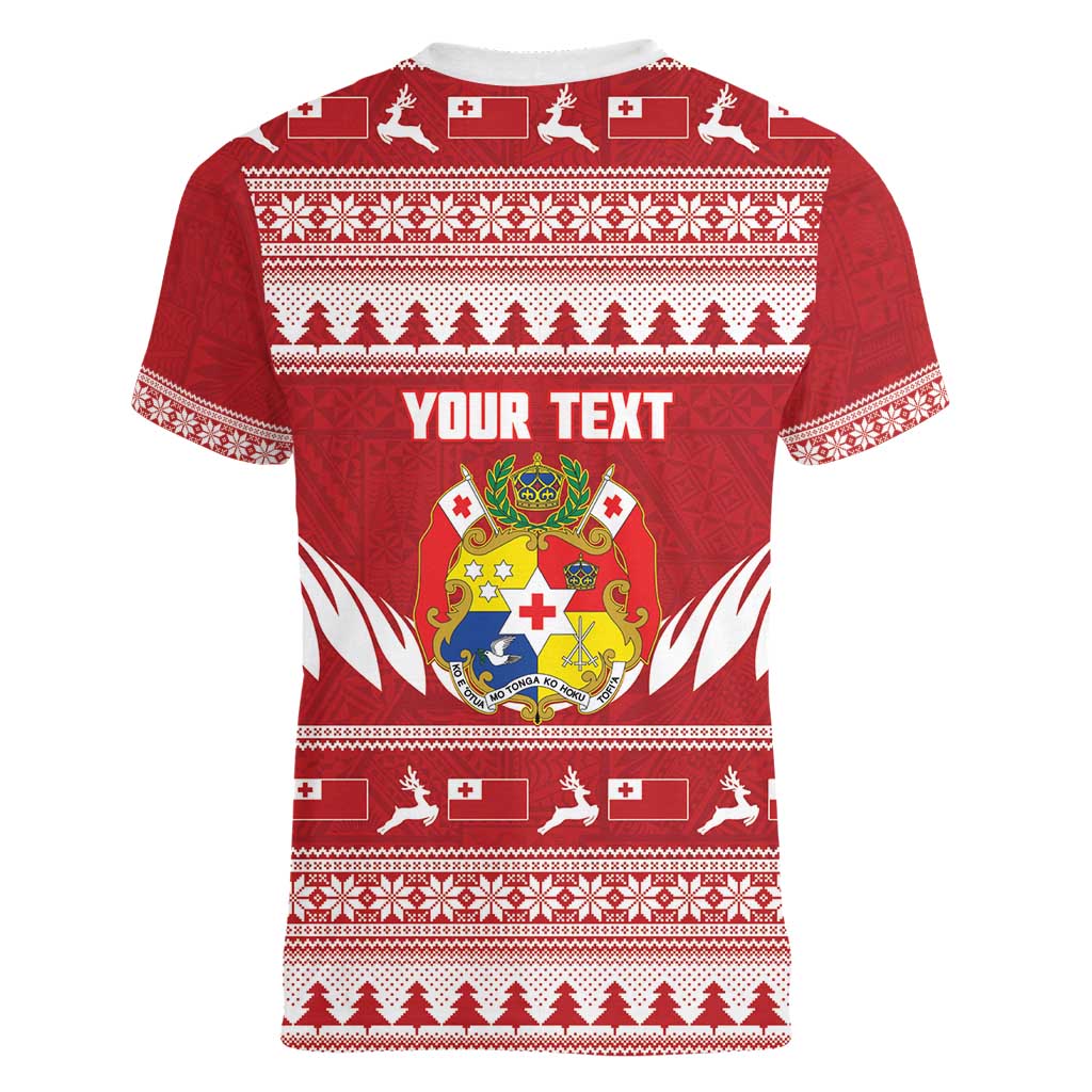 Personalised Tonga Rugby Christmas Women V-Neck T-Shirt Mate Maa Tonga Ngatu Pattern - Polynesian Pride