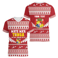 Personalised Tonga Rugby Christmas Women V-Neck T-Shirt Mate Maa Tonga Ngatu Pattern - Polynesian Pride