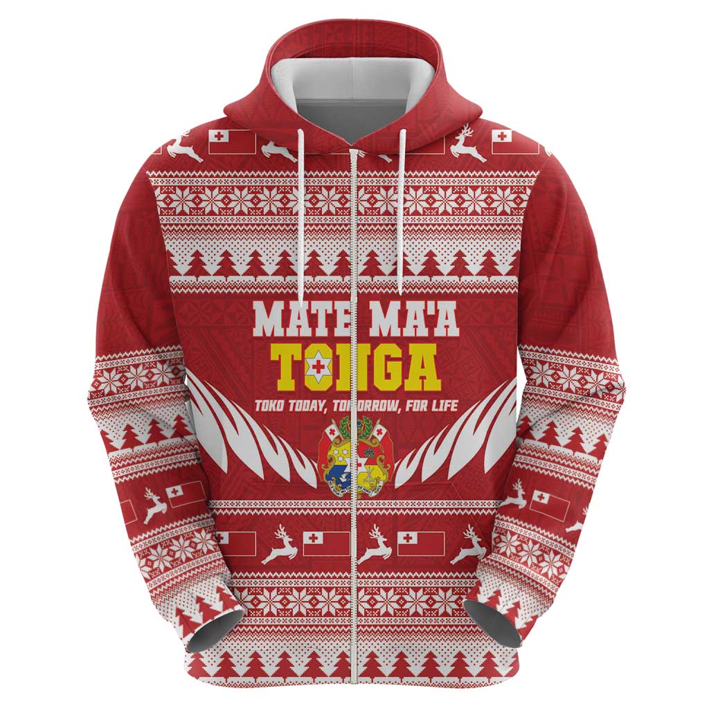 Personalised Tonga Rugby Christmas Zip Hoodie Mate Maa Tonga Ngatu Pattern - Polynesian Pride
