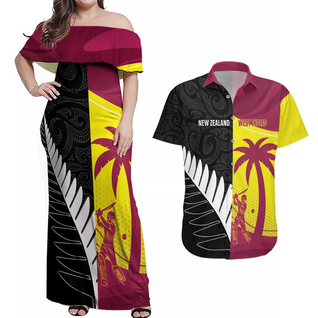 New Zealand and West Indies Cricket Custom Couples Matching Off Shoulder Maxi Dress and Hawaiian Shirt Black Cap Windies Together - Polynesian Pride