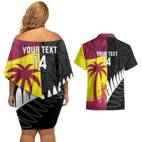 New Zealand and West Indies Cricket Custom Couples Matching Off Shoulder Short Dress and Hawaiian Shirt Black Cap Windies Together - Polynesian Pride