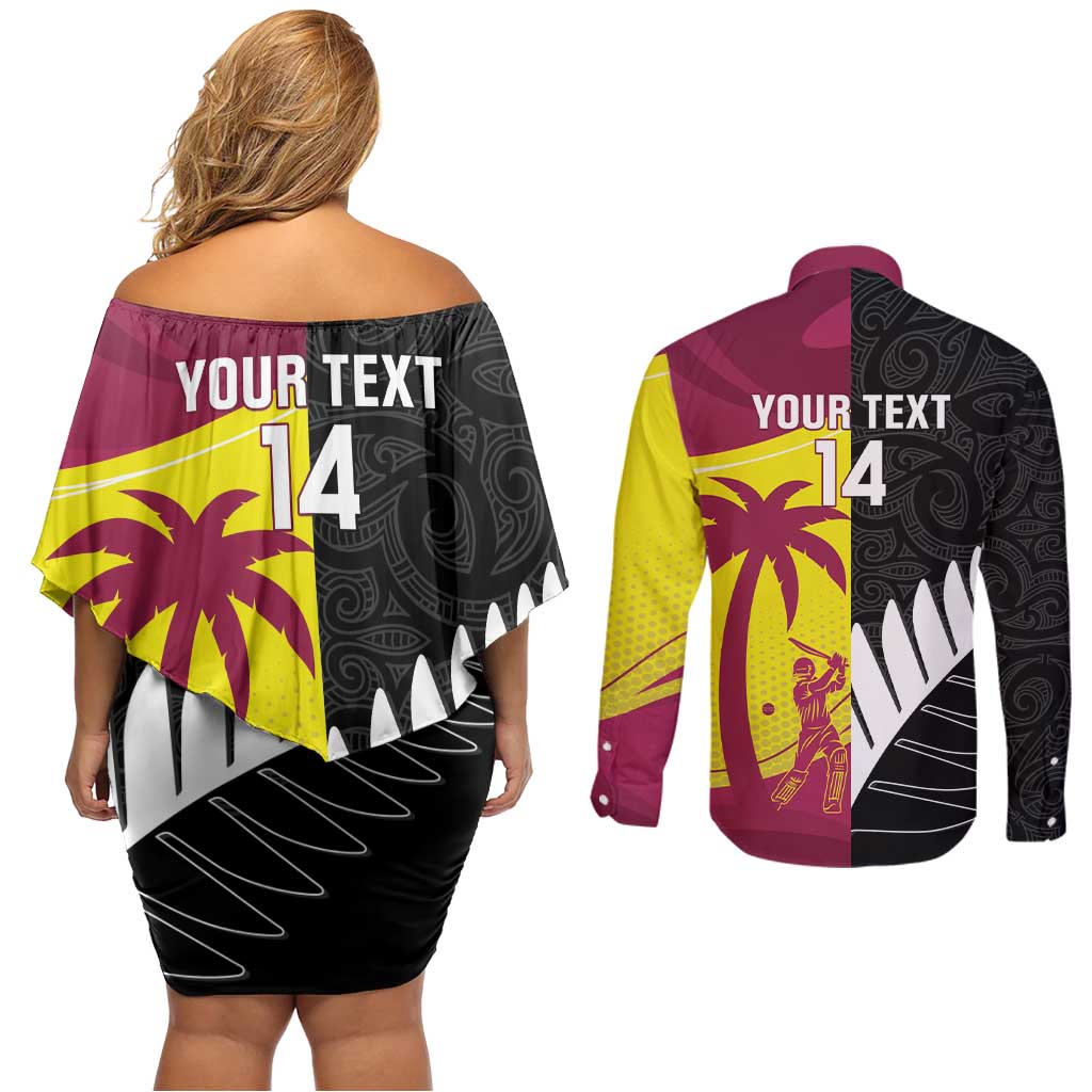 New Zealand and West Indies Cricket Custom Couples Matching Off Shoulder Short Dress and Long Sleeve Button Shirt Black Cap Windies Together - Polynesian Pride