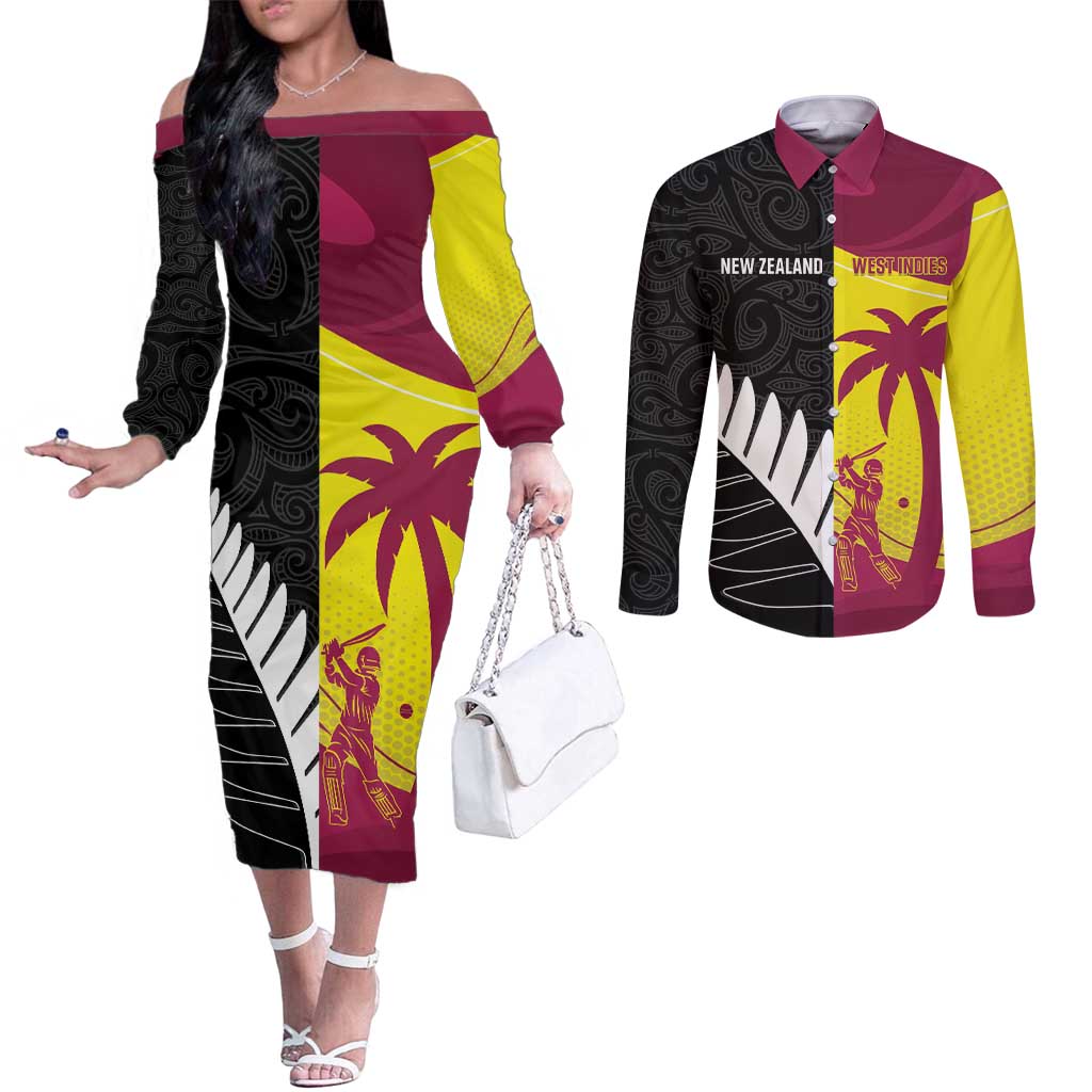 New Zealand and West Indies Cricket Custom Couples Matching Off The Shoulder Long Sleeve Dress and Long Sleeve Button Shirt Black Cap Windies Together - Polynesian Pride