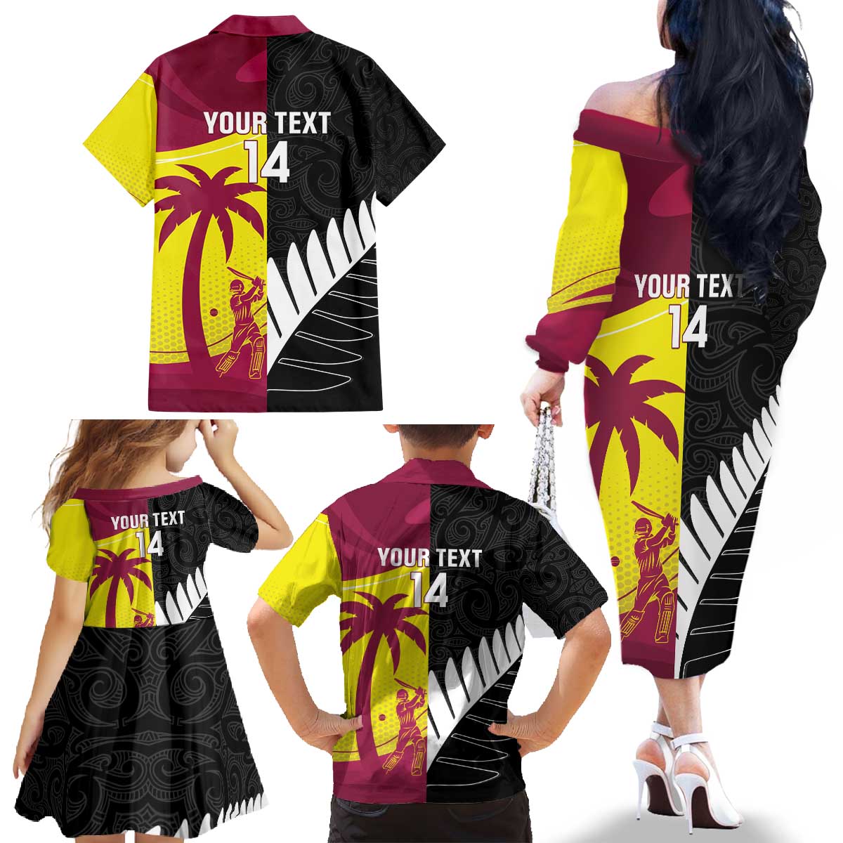 New Zealand and West Indies Cricket Custom Family Matching Off The Shoulder Long Sleeve Dress and Hawaiian Shirt Black Cap Windies Together - Polynesian Pride