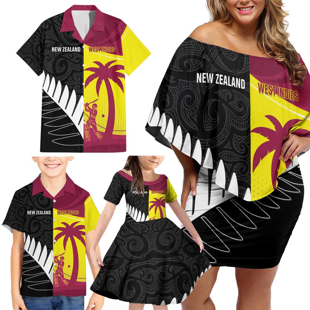 New Zealand and West Indies Cricket Custom Family Matching Off Shoulder Short Dress and Hawaiian Shirt Black Cap Windies Together - Polynesian Pride