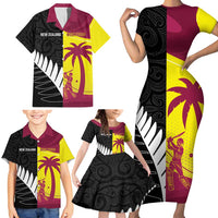 New Zealand and West Indies Cricket Custom Family Matching Short Sleeve Bodycon Dress and Hawaiian Shirt Black Cap Windies Together - Polynesian Pride