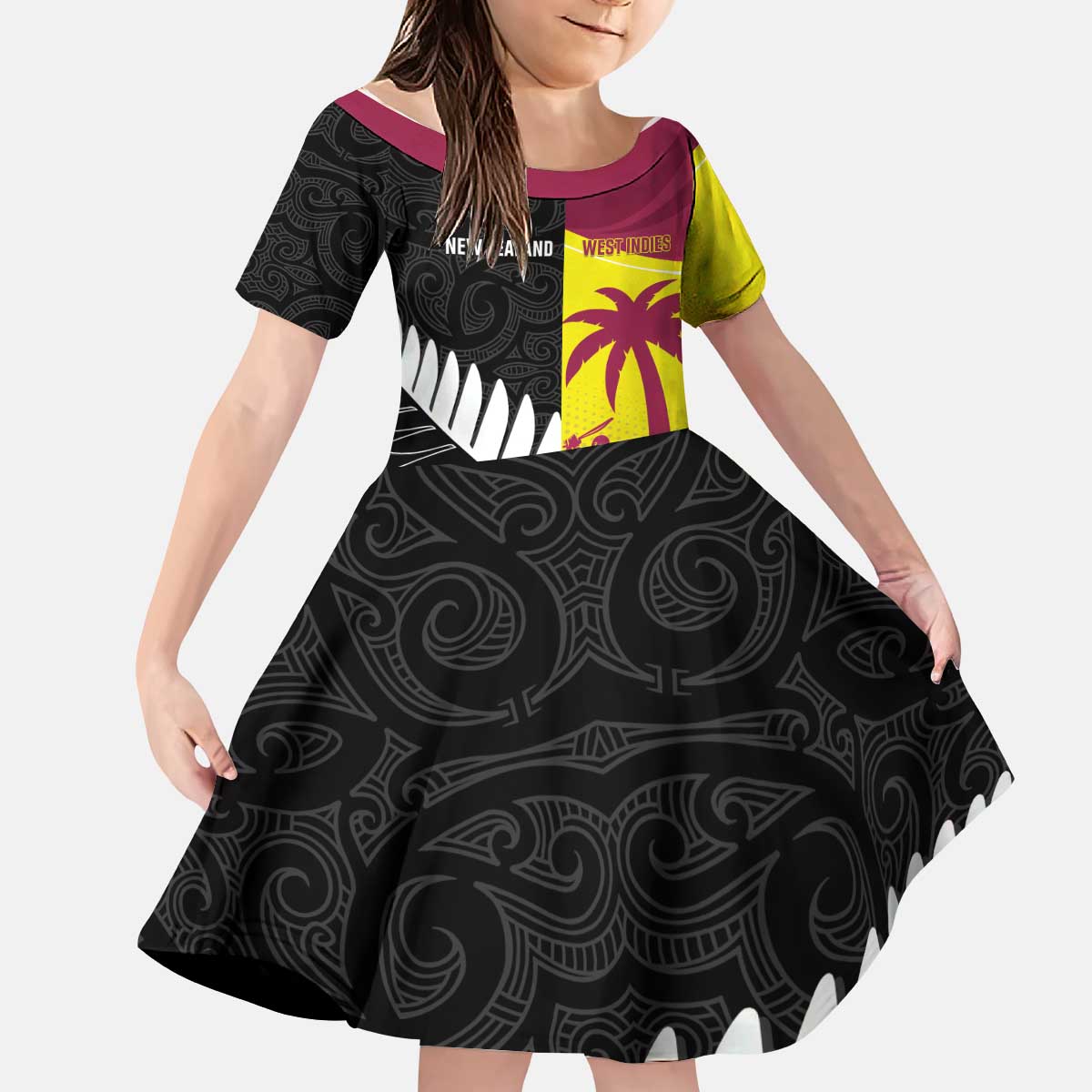 New Zealand and West Indies Cricket Custom Kid Short Sleeve Dress Black Cap Windies Together - Polynesian Pride