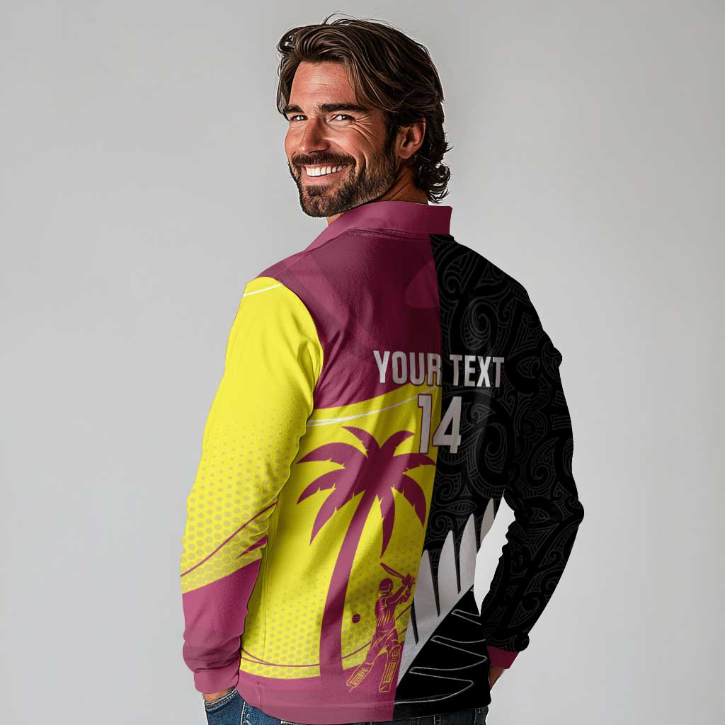 New Zealand and West Indies Cricket Custom Long Sleeve Polo Shirt Black Cap Windies Together - Polynesian Pride