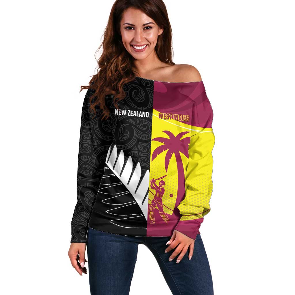 New Zealand and West Indies Cricket Custom Off Shoulder Sweater Black Cap Windies Together - Polynesian Pride