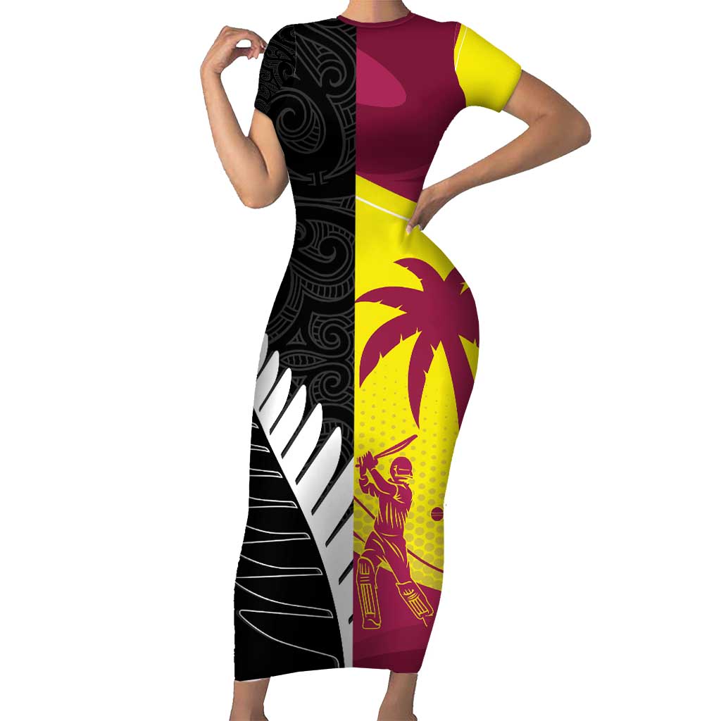 New Zealand and West Indies Cricket Custom Short Sleeve Bodycon Dress Black Cap Windies Together - Polynesian Pride
