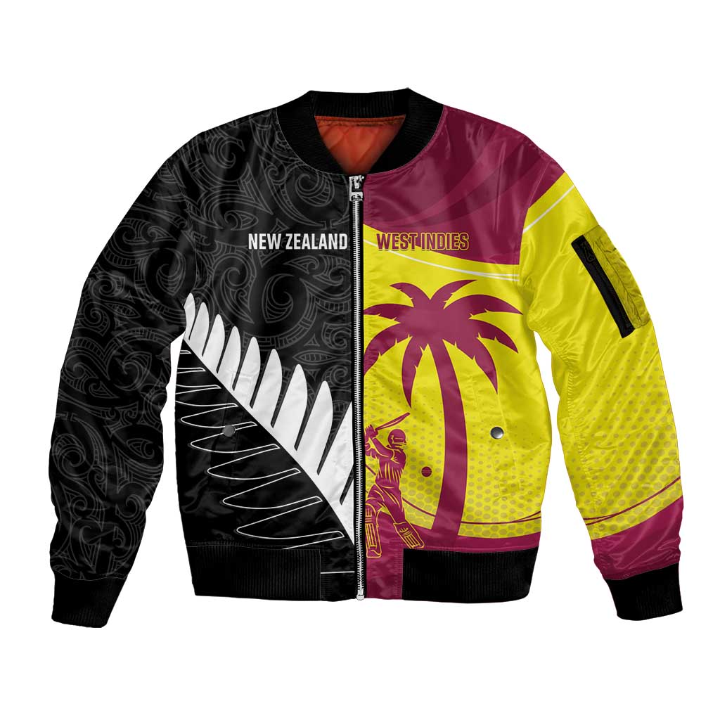 New Zealand and West Indies Cricket Custom Sleeve Zip Bomber Jacket Black Cap Windies Together - Polynesian Pride