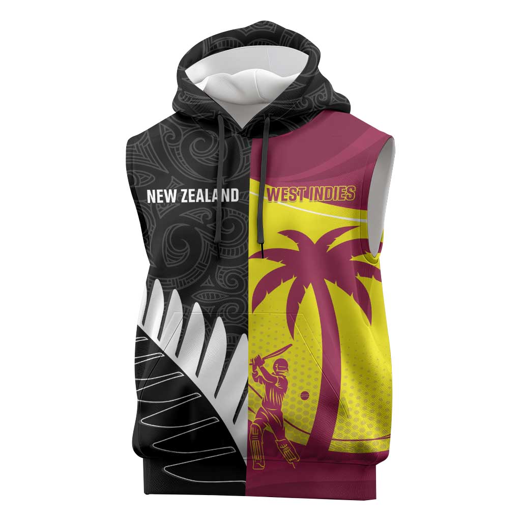 New Zealand and West Indies Cricket Custom Sleeveless Hoodie Black Cap Windies Together - Polynesian Pride